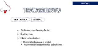 EPISTAXIS
TRATAMIENTO GENERAL
1. Activadores de la coagulacion
2. Sustituyivos
3. Otros tratamientos:
• Dermoplastia nasal o septal
• Resección subpericóndrica del tabique
 