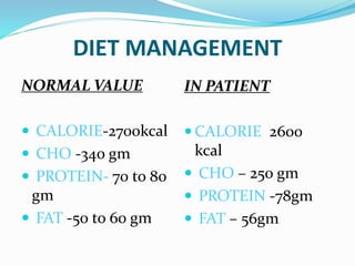 DIET MANAGEMENT
NORMAL VALUE
 CALORIE-2700kcal
 CHO -340 gm
 PROTEIN- 70 to 80
gm
 FAT -50 to 60 gm
IN PATIENT
 CALORIE 2600
kcal
 CHO – 250 gm
 PROTEIN -78gm
 FAT – 56gm
 