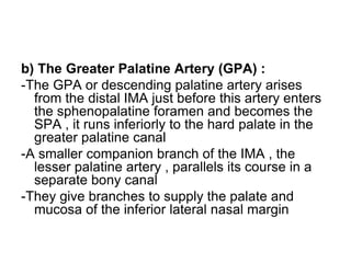 b) The Greater Palatine Artery (GPA) :
-The GPA or descending palatine artery arises
from the distal IMA just before this artery enters
the sphenopalatine foramen and becomes the
SPA , it runs inferiorly to the hard palate in the
greater palatine canal
-A smaller companion branch of the IMA , the
lesser palatine artery , parallels its course in a
separate bony canal
-They give branches to supply the palate and
mucosa of the inferior lateral nasal margin
 