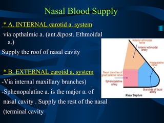 Nasal Blood Supply
* A. INTERNAL carotid a. system
via opthalmic a. (ant.&post. Ethmoidal
a.)
Supply the roof of nasal cavity
* B. EXTERNAL carotid a. system
-Via internal maxillary branches)
-Sphenopalatine a. is the major a. of
nasal cavity . Supply the rest of the nasal
(terminal cavity
 