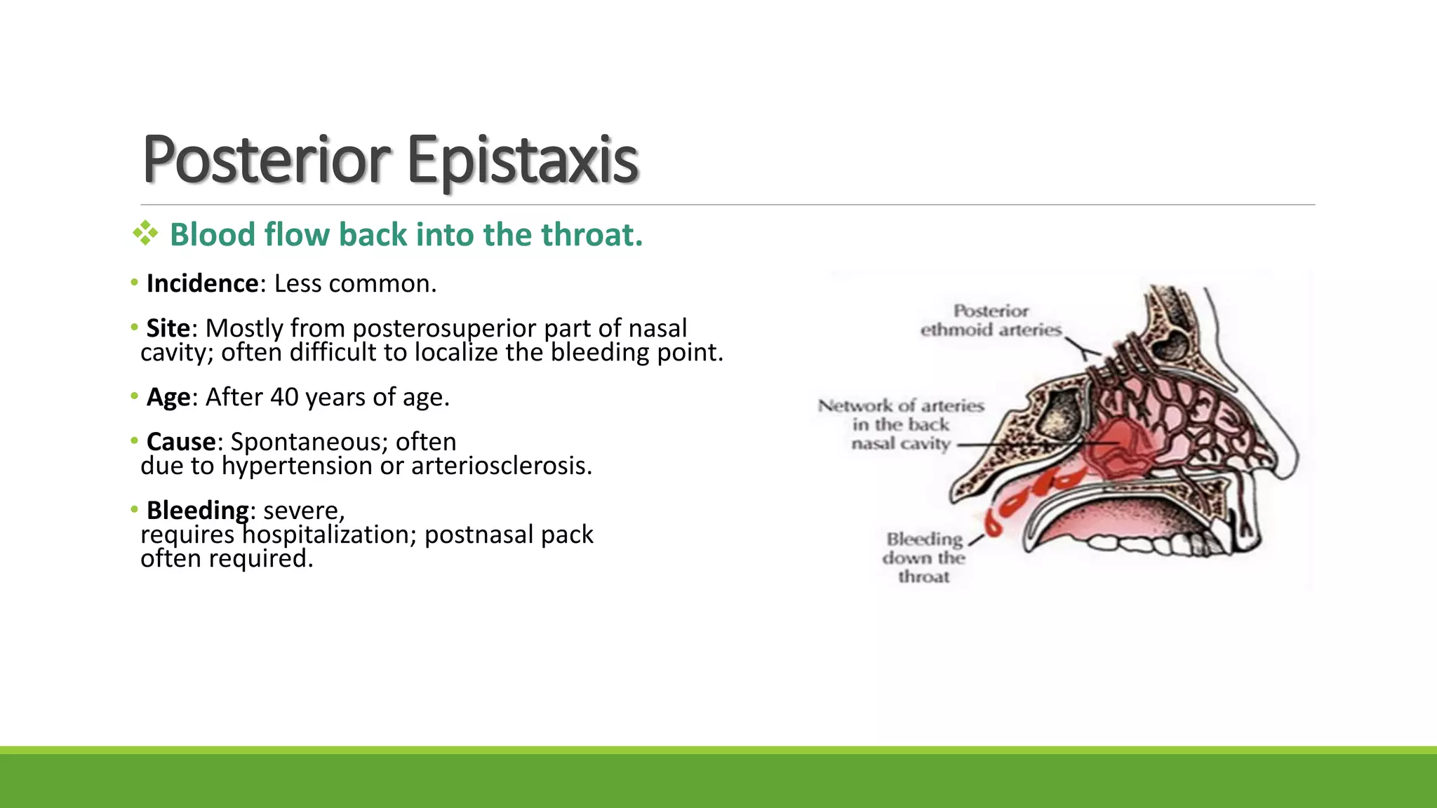 Posterior Epistaxis
 Blood flow back into the throat.
• Incidence: Less common.
• Site: Mostly from posterosuperior part of nasal
cavity; often difficult to localize the bleeding point.
• Age: After 40 years of age.
• Cause: Spontaneous; often
due to hypertension or arteriosclerosis.
• Bleeding: severe,
requires hospitalization; postnasal pack
often required.
 