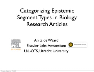 Categorizing Epistemic
                               Segment Types in Biology
                                  Research Articles

                                       Anita de Waard
                                  Elsevier Labs, Amsterdam
                                 UiL-OTS, Utrecht University




Thursday, September 17, 2009                                   1
 