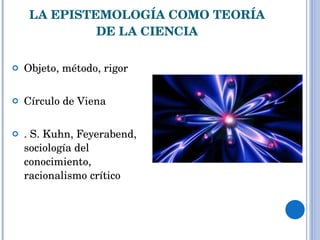 LA EPISTEMOLOGÍA COMO TEORÍA DE LA CIENCIA Objeto, método, rigor Círculo de Viena . S. Kuhn, Feyerabend, sociología del conocimiento, racionalismo crítico 