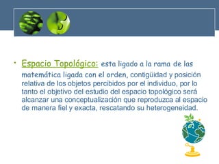 Espacio Topológico:   esta ligado a la rama   de las matemática ligada con el orden,  contigüidad y posición relativa de los objetos percibidos por el individuo, por lo tanto el objetivo del estudio del espacio topológico será alcanzar una conceptualización que reproduzca al espacio de manera fiel y exacta, rescatando su heterogeneidad. 