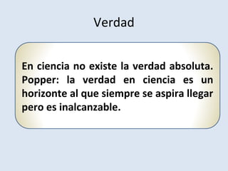 En ciencia no existe la verdad absoluta.
Popper: la verdad en ciencia es un
horizonte al que siempre se aspira llegar
pero es inalcanzable.
Verdad
 