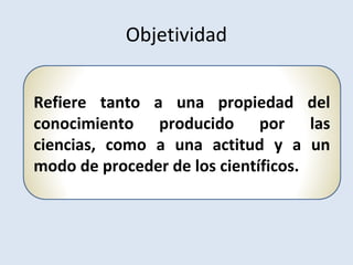 Refiere tanto a una propiedad del
conocimiento producido por las
ciencias, como a una actitud y a un
modo de proceder de los científicos.
Objetividad
 