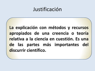 La explicación con métodos y recursos
apropiados de una creencia o teoría
relativa a la ciencia en cuestión. Es una
de las partes más importantes del
discurrir científico.
Justificación
 