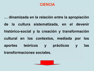 … dinamizada en la relación entre la apropiación
de la cultura sistematizada, en el devenir
histórico-social y la creación y transformación
cultural en los contextos, mediada por los
aportes teóricos y prácticos y las
transformaciones sociales.
CIENCIA
 