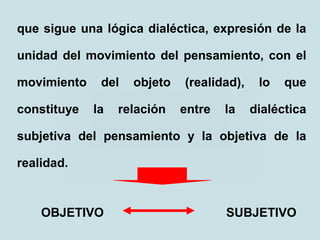que sigue una lógica dialéctica, expresión de la
unidad del movimiento del pensamiento, con el
movimiento del objeto (realidad), lo que
constituye la relación entre la dialéctica
subjetiva del pensamiento y la objetiva de la
realidad.
SUBJETIVOOBJETIVO
 