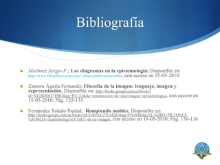 Bibliografía Martínez Sergio F.;  Los diagramas en la epistemología;  Disponible en:  http://www.filosoficas.unam.mx/~sfmar/publicaciones.htm , con acceso en 15-05-2010 Zamora Águila Fernando;  Filosofía de la imagen: lenguaje, imagen y representación ; Disponible en:  http://books.google.com.ec/books?id=X2GB4OCCTMC&pg=PA123&dq=construccion+de+una+imagen+epistemologica , con acceso en 15-05-2010; Pág. 125-135 Fernández Toledo Piedad;  Rompiendo moldes ; Disponible en:  http://books.google.com.ec/books?id=EAUwU27Cu2QC&pg=PA194&dq=EL+GIRO+PICTO%CC%81RICO:+Epistemolog%CC%81ª+de+la+imagen , con acceso en 15-05-2010; Pág. 130-136  