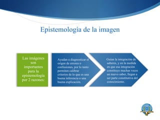 Epistemología de la imagen Ayudan a diagnosticar el origen de errores o confusiones, por lo tanto permiten calibrar criterios de lo que es una buena inferencia o una buena explicación. Guían la integración de saberes, y en la medida en que esa integración constituye muchas veces un nuevo saber, llegan a ser parte constitutiva del conocimiento.  Las imágenes son importantes para la epistemología por 2 razones: 