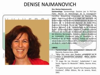 DENISE NAJMANOVICH 
Dra. Denise Najmanovich. 
Epistemóloga. Epistemóloga. Doctora por la PUC-San 
Pablo. Master en Metodología de la Investigación 
Científica. Bioquímica, Universidad de Buenos Aires 
(UBA), Argentina. Profesora a cargo del seminario de 
Epistemología del Doctorado Interdisciplinario de Ciencias 
Sociales de la Universidad Nacional de Entre Ríos, 
Argentina. Profesora Titular de “Epistemología de las 
Ciencias Sociales” y de “Epistemología de la Psicología 
Social”, Universidad CAECE, Argentina. Profesora invitada 
Profesora del Doctorado de Educación de la Universidad 
del Atlántico, Barranquilla, Colombia. Asesora Académica 
de FUNDARED (Fundación para el Desarrollo y la 
Promoción de las Redes Sociales). Trabaja en temáticas 
relacionadas con el enfoque de la complejidad, los nuevos 
paradigmas, subjetividad y redes. 
LIBROS 
• “Epistemología para principiantes” Editorial Era 
Naciente, Buenos Aires, 2008. 
• “Mirar con otros ojos. Nuevos paradigmas en la 
ciencia y pensamiento complejo”, Biblos, Buenos 
Aires, 2008 
• “El Juego De Los Vinculos". Subjetividad Y Lazo 
Social: Figuras En Mutación”. Biblos, Buenos Aires, 
2005. 
• “O Sujeito Encarnado". Quest?s Para Pesquisa No/Do 
Cotidiano”, DP&A Editora, Río de Janeiro, Brasil, 
2001. 
 