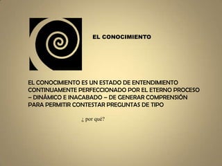 EL CONOCIMIENTO




EL CONOCIMIENTO ES UN ESTADO DE ENTENDIMIENTO
CONTINUAMENTE PERFECCIONADO POR EL ETERNO PROCESO
– DINÁMICO E INACABADO – DE GENERAR COMPRENSIÓN
PARA PERMITIR CONTESTAR PREGUNTAS DE TIPO

               ¿ por qué?
 