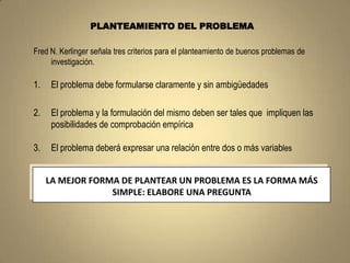 PLANTEAMIENTO DEL PROBLEMA

Fred N. Kerlinger señala tres criterios para el planteamiento de buenos problemas de
     investigación.

1.    El problema debe formularse claramente y sin ambigüedades

2.    El problema y la formulación del mismo deben ser tales que impliquen las
      posibilidades de comprobación empírica

3.    El problema deberá expresar una relación entre dos o más variables


     LA MEJOR FORMA DE PLANTEAR UN PROBLEMA ES LA FORMA MÁS
                  SIMPLE: ELABORE UNA PREGUNTA
 