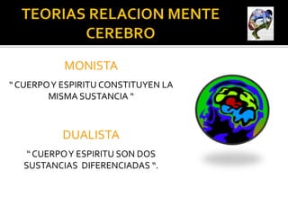 MONISTA
“ CUERPO Y ESPIRITU CONSTITUYEN LA
        MISMA SUSTANCIA “



           DUALISTA
    “ CUERPO Y ESPIRITU SON DOS
   SUSTANCIAS DIFERENCIADAS “.
 