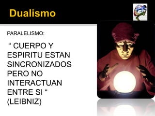 PARALELISMO:

 “ CUERPO Y
ESPIRITU ESTAN
SINCRONIZADOS
PERO NO
INTERACTUAN
ENTRE SI “
(LEIBNIZ)
 