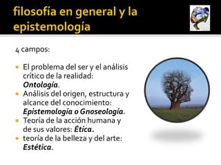 4 campos:

 El problema del ser y el análisis
  crítico de la realidad:
  Ontología.
 Análisis del origen, estructura y
  alcance del conocimiento:
  Epistemología o Gnoseología.
 Teoría de la acción humana y
  de sus valores: Ética.
 teoría de la belleza y del arte:
  Estética.
 