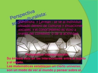 Perspectiva socioculturalista:Sierpinska  y Lerman : se ve al individuo  situado dentro de culturas y situaciones sociales  y el conocimiento es visto a través del contexto  o de la actividad.Perspectiva interaccionista:Su énfasis esta en las interacciones entre el sujeto y el objeto.  Las matemáticas establecen un cierto universo; son un modo de ver al mundo y pensar sobre el.