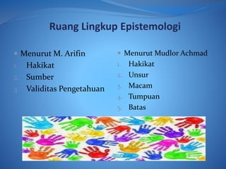 Ruang Lingkup Epistemologi
 Menurut Mudlor Achmad
1. Hakikat
2. Unsur
3. Macam
4. Tumpuan
5. Batas
 Menurut M. Arifin
1. Hakikat
2. Sumber
3. Validitas Pengetahuan
 