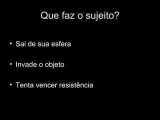 Que faz o sujeito? Sai de sua esfera Invade o objeto Tenta vencer resistência 