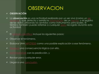 OBSERVACION
                                                ser
humano                   información    hecho
                                 dato


  método científico



             HIPÓTESIS

Predecir

EXPERIMENTAR



            conclusión
 