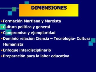 DIMENSIONES

•Formación Martiana y Marxista
•Cultura política y general
•Compromiso y ejemplaridad
•Dominio relación Ciencia – Tecnología- Cultura
 Humanista
•Enfoque interdisciplinario
•Preparación para la labor educativa
 