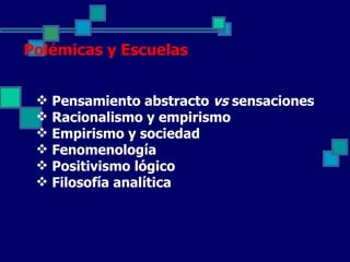 Polémicas y Escuelas


  Pensamiento abstracto vs sensaciones
  Racionalismo y empirismo
  Empirismo y sociedad
  Fenomenología
  Positivismo lógico
  Filosofía analítica
 