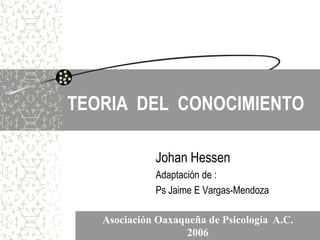 TEORIA DEL CONOCIMIENTO

             Johan Hessen
             Adaptación de :
             Ps Jaime E Vargas-Mendoza

   Asociación Oaxaqueña de Psicología A.C.
                   2006
 