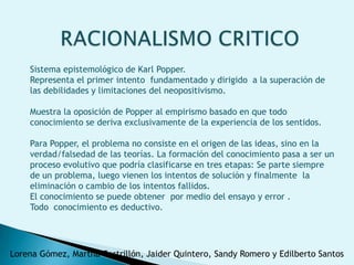 Sistema epistemológico de Karl Popper.
    Representa el primer intento fundamentado y dirigido a la superación de
    las debilidades y limitaciones del neopositivismo.

    Muestra la oposición de Popper al empirismo basado en que todo
    conocimiento se deriva exclusivamente de la experiencia de los sentidos.

    Para Popper, el problema no consiste en el origen de las ideas, sino en la
    verdad/falsedad de las teorías. La formación del conocimiento pasa a ser un
    proceso evolutivo que podría clasificarse en tres etapas: Se parte siempre
    de un problema, luego vienen los intentos de solución y finalmente la
    eliminación o cambio de los intentos fallidos.
    El conocimiento se puede obtener por medio del ensayo y error .
    Todo conocimiento es deductivo.




Lorena Gómez, Martha Castrillón, Jaider Quintero, Sandy Romero y Edilberto Santos
 