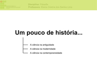 Disciplina: Filosofia
    Professora: Elaine Cristina dos Santos Lima




Um pouco de história...
     A ciência na antiguidade
     A ciência na modernidade
     A ciência na contemporaneidade
 