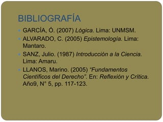 BIBLIOGRAFÍA
 GARCÍA, Ó. (2007) Lógica. Lima: UNMSM.
 ALVARADO, C. (2005) Epistemología. Lima:
Mantaro.
 SANZ, Julio. (1987) Introducción a la Ciencia.
Lima: Amaru.
 LLANOS, Marino. (2005) “Fundamentos
Científicos del Derecho”. En: Reflexión y Crítica.
Año9, N° 5, pp. 117-123.
 