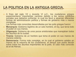 LA POLITICA EN LA ANTIGUA GRECIA. 
 A fines del siglo VII y durante VI a.C., los ciudadanos griegos 
experimentaron importantes cambios debido a los serios conflictos 
sociales que debieron enfrentar, lo cual los llevó a alcanzar diferentes 
formas de administración política y formas de gobierno más o menos 
complejas . 
Las formas más conocidas desarrolladas por las polis griegas fueron: 
 Monarquía: Gobierno legítimo de un solo hombre, el rey, que tenía todo 
el poder en sus manos. 
 Oligarquía: Gobierno de unos pocos aristócratas que manejaban todos 
los asuntos de la ciudad. 
 Tiranía: Gobierno de un hombre que toma el poder en sus manos de 
manera violenta. 
 Democracia: Forma más compleja, en la cual el gobierno estaba en 
manos de la mayoría de los ciudadanos, el demos que podía decidir 
sobre todos los asuntos importantes de la polis. El caso más conocido 
es el de Atenas. 
