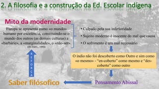 Europa se apresenta como «o mundo»
humano por excelência, constituindo-se o
mundo dos outros (as demais culturas) a
«barbárie», a «marginalidade», o «não-ser».
(DUSSEL, 1994)
• Culpado pela sua inferioridade
• Sujeito moderno é inocente do mal que causa
• O sofrimento é um mal necessário
O índio não foi descoberto como Outro e sim como
«o mesmo» - “en-coberto” como mesmo e “des-
coberto” como outro
R
E
F
O
R
Ç
A
 