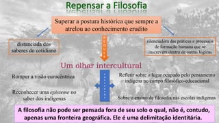 Superar a postura histórica que sempre a
atrelou ao conhecimento erudito
distanciada dos
saberes do cotidiano
silenciadora das práticas e processos
de formação humana que se
inscrevem dentro de outras lógicas
R
E
Q
U
E
R
Romper a visão eurocêntrica
Reconhecer uma episteme no
saber dos indígenas
Refletir sobre o lugar ocupado pelo pensamento
indígena no campo filosófico-educacional
Sobre o ensino de filosofia nas escolas indígenas
P
R
E
S
S
U
P
Õ
E
A filosofia não pode ser pensada fora de seu solo o qual, não é, contudo,
apenas uma fronteira geográfica. Ele é uma delimitação identitária.
 