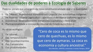 Poderes sociais que emergem da nova constitucionalidade que cria dualidades:
1. De Saberes: hegemônico eurocêntrico x popular das autonomias indígenas
2. De Poderes: colonial (agricultura capitalista) x decolonial (reforma agrária)
3. Econômica: desenvolvimento extrativista (capitalista) x Bem Viver
4. Plurinacionalidade x concepção colonial do Estado eurocêntrico
As várias ecologias:
1. De saberes
2. Das temporalidades
3. Dos reconhecimentos
4. Das transescalas
5. Das produtividades
“Cero de coca es lo mismo que
cero de quechuas, es lo mismo
que cero de aymaras. La coca es
economía y cultura ancestral.”
(Evo Morales. SANTOS, entrevista à revista Tempus, 2014)
 