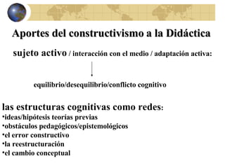 Aportes del constructivismo a la Didáctica sujeto activo  / interacción con el medio / adaptación activa:   equilibrio/desequilibrio/conflicto cognitivo las estructuras cognitivas como redes : ideas/hipótesis teorías previas obstáculos pedagógicos/epistemológicos el error constructivo la reestructuración el cambio conceptual 