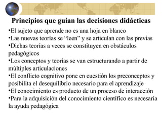 Principios que guían las decisiones didácticas El sujeto que aprende no es una hoja en blanco Las nuevas teorías se “leen” y se articulan con las previas Dichas teorías a veces se constituyen en obstáculos pedagógicos Los conceptos y teorías se van estructurando a partir de múltiples articulaciones El conflicto cognitivo pone en cuestión los preconceptos y posibilita el desequilibrio necesario para el aprendizaje El conocimiento es producto de un proceso de interacción Para la adquisición del conocimiento científico es necesaria la ayuda pedagógica 