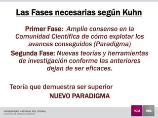 Las Fases necesarias según Kuhn
Primer Fase: Amplio consenso en la
Comunidad Científica de cómo explotar los
avances conseguidos (Paradigma)
Segunda Fase: Nuevas teorías y herramientas
de investigación conforme las anteriores
dejan de ser eficaces.
Teoría que demuestra ser superior
NUEVO PARADIGMA
 