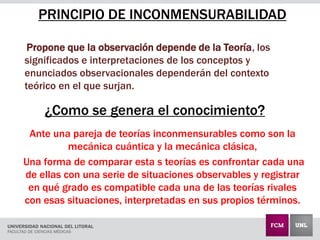 Propone que la observación depende de la Teoría, los
significados e interpretaciones de los conceptos y
enunciados observacionales dependerán del contexto
teórico en el que surjan.
Ante una pareja de teorías inconmensurables como son la
mecánica cuántica y la mecánica clásica,
Una forma de comparar esta s teorías es confrontar cada una
de ellas con una serie de situaciones observables y registrar
en qué grado es compatible cada una de las teorías rivales
con esas situaciones, interpretadas en sus propios términos.
PRINCIPIO DE INCONMENSURABILIDAD
¿Como se genera el conocimiento?
 
