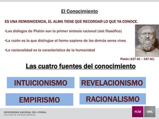 EMPIRISMO
INTUICIONISMO REVELACIONISMO
RACIONALISMO
Las cuatro fuentes del conocimiento
El Conocimiento
ES UNA REMISNICENCIA, EL ALMA TIENE QUE RECORDAR LO QUE YA CONOCE.
•Los diálogos de Platón son la primer síntesis racional (sist filosófico)
•La razón es lo que distingue al homo sapiens de los demás seres vivos
•La racionalidad es la característica de la humanidad
Platón (427 AC – 347 AC)
 