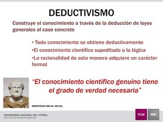 DEDUCTIVISMO
• Todo conocimiento se obtiene deductivamente
•El conocimiento científico supeditado a la lógica
•La racionalidad de esta manera adquiere un carácter
formal
“El conocimiento científico genuino tiene
el grado de verdad necesaria”
ARISTOTELES (384 AC- 322 AC)
Construye el conocimiento a través de la deducción de leyes
generales al caso concreto
 