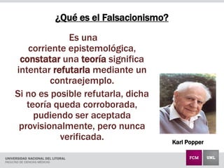 ¿Qué es el Falsacionismo?
Es una
corriente epistemológica,
constatar una teoría significa
intentar refutarla mediante un
contraejemplo.
Si no es posible refutarla, dicha
teoría queda corroborada,
pudiendo ser aceptada
provisionalmente, pero nunca
verificada. Karl Popper
 