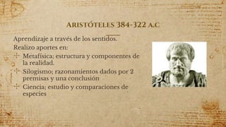 Aristóteles 384-322 a.c
Aprendizaje a través de los sentidos.
Realizo aportes en:
✣ Metafísica; estructura y componentes de
la realidad.
✣ Silogismo; razonamientos dados por 2
premisas y una conclusión
✣ Ciencia; estudio y comparaciones de
especies
16
 
