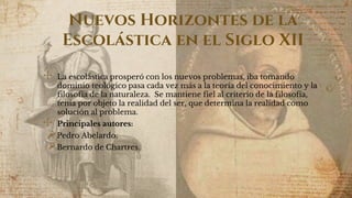 Nuevos Horizontes de la
Escolástica en el Siglo XII
✣ La escolástica prosperó con los nuevos problemas, iba tomando
dominio teológico pasa cada vez más a la teoría del conocimiento y la
filosofía de la naturaleza. Se mantiene fiel al criterio de la filosofía,
tenía por objeto la realidad del ser, que determina la realidad como
solución al problema.
✣ Principales autores:
Pedro Abelardo.
Bernardo de Chartres.
 