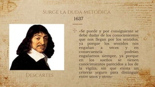 Surge la duda metódica
1637
✣ «Se puede y por consiguiente se
debe dudar de los conocimientos
que nos llegan por los sentidos,
ya porque los sentidos nos
engañan a veces y en
consecuencia podrían
engañarnos siempre, ya porque
en los sueños se tienen
conocimientos parecidos a los de
la vigilia, sin que exista un
criterio seguro para distinguir
entre unos y otros»
47
Descartes
 