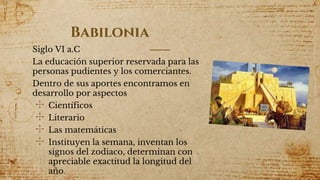 Babilonia
Siglo VI a.C
La educación superior reservada para las
personas pudientes y los comerciantes.
Dentro de sus aportes encontramos en
desarrollo por aspectos
✣ Científicos
✣ Literario
✣ Las matemáticas
✣ Instituyen la semana, inventan los
signos del zodiaco, determinan con
apreciable exactitud la longitud del
año. 5
 