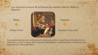 ✣ Los mayores centros de la Ilustración italiana fueron Milán y
Nápoles.
Milán Nápoles
Pedro Verri Antonio Genovesi
Sus planteamiento son utilitarista: la educación tiene como fin la felicidad de los
individuos y por lo tanto debe impartir habilidad y nociones útiles conforme a las
aptitudes de cada individuo
54
 