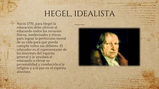 HEGEL, IDEALISTA
✣ Nació 1770, para Hegel la
educación debe ofrecer al
educando todos los recursos
físicos, intelectuales y éticos
para lograr la perfección moral
de su vida para que pueda
cumplir todos sus deberes. El
educador es el representante de
los intereses del espíritu
general y le ayudará al
educando a elevar su
personalidad y conducirlo a la
religión y a la paz en el espíritu
absoluto.
60
 