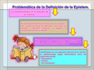 Problemática de la Definición de la Epistem.
La epistemología es el estudio de
la ciencia.
Se han desarrollado dos maneras de ver la ciencia:
Un cuerpo de leyes de diferente nivel que nos
permite describir, explicar y predecir el
comportamiento de la realidad.
Conceptualiza , no solo un cuerpo de leyes, sino
como un proceso psicológico, sociológico e
histórico de producción de esas leyes.
Centrándose en los aspectos internos de la ciencia,
la epistemología según Reichenbach tiene las
siguientes tareas:
Descriptiva.
Crítica.
De orientación.
 