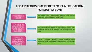 LOS CRITERIOS QUE DEBE TENER LA EDUCACIÓN 
FORMATIVA SON: 
PENSAR POR SI 
MISMO 
CAPACIDAD DE 
PONERSE EN EL 
PUNTO DE VISTA 
DEL OTRO 
LLEVAR LAS 
VERDADES YA 
CONQUISTADAS 
(RAZON) 
No tener una mentalidad pasiva que recibe 
verdades, y simplemente las acepta. 
No mantener el punto de vista como único, ser 
capaz de entrar en el dialogo con otros puntos de 
vista. 
Tomar cualquier verdad como modelo para 
encontrar otra, una verdad matemática o cualquier 
otra. 
 